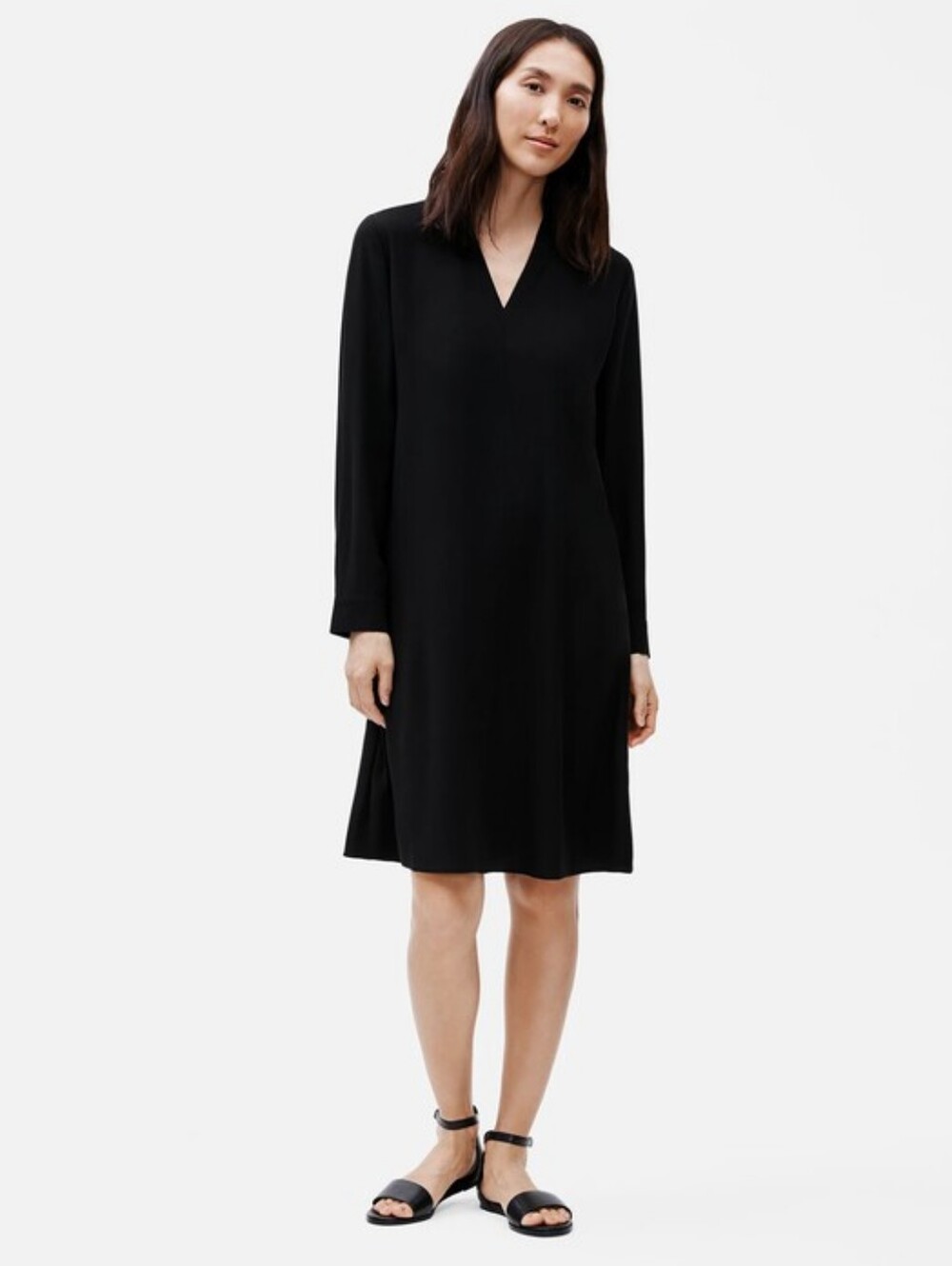 Eileen Fisher 100% Silk Black Shift Tunic Dress Long Sleeve Minimalist Size L